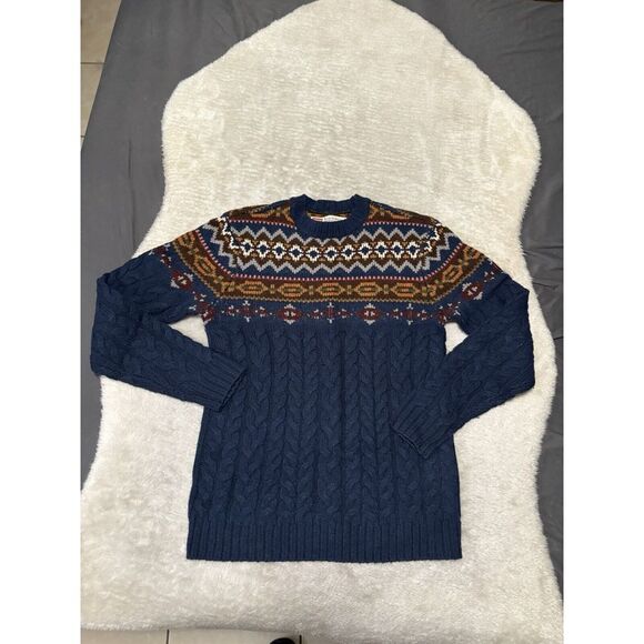 Levi's Fair‎ Isle Mens Blue Wool Blend Knit Sweater Medium Slim Fit - Picture 1 of 7
